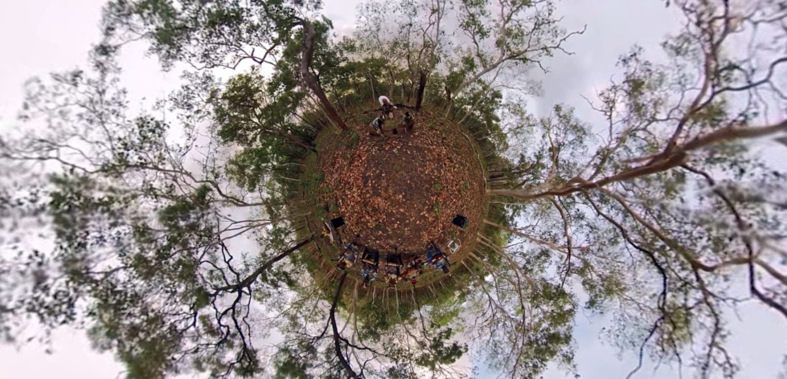 A 360° frame folded into a tiny planet: a circle of red earth ringed by gum trees reaching into the sky