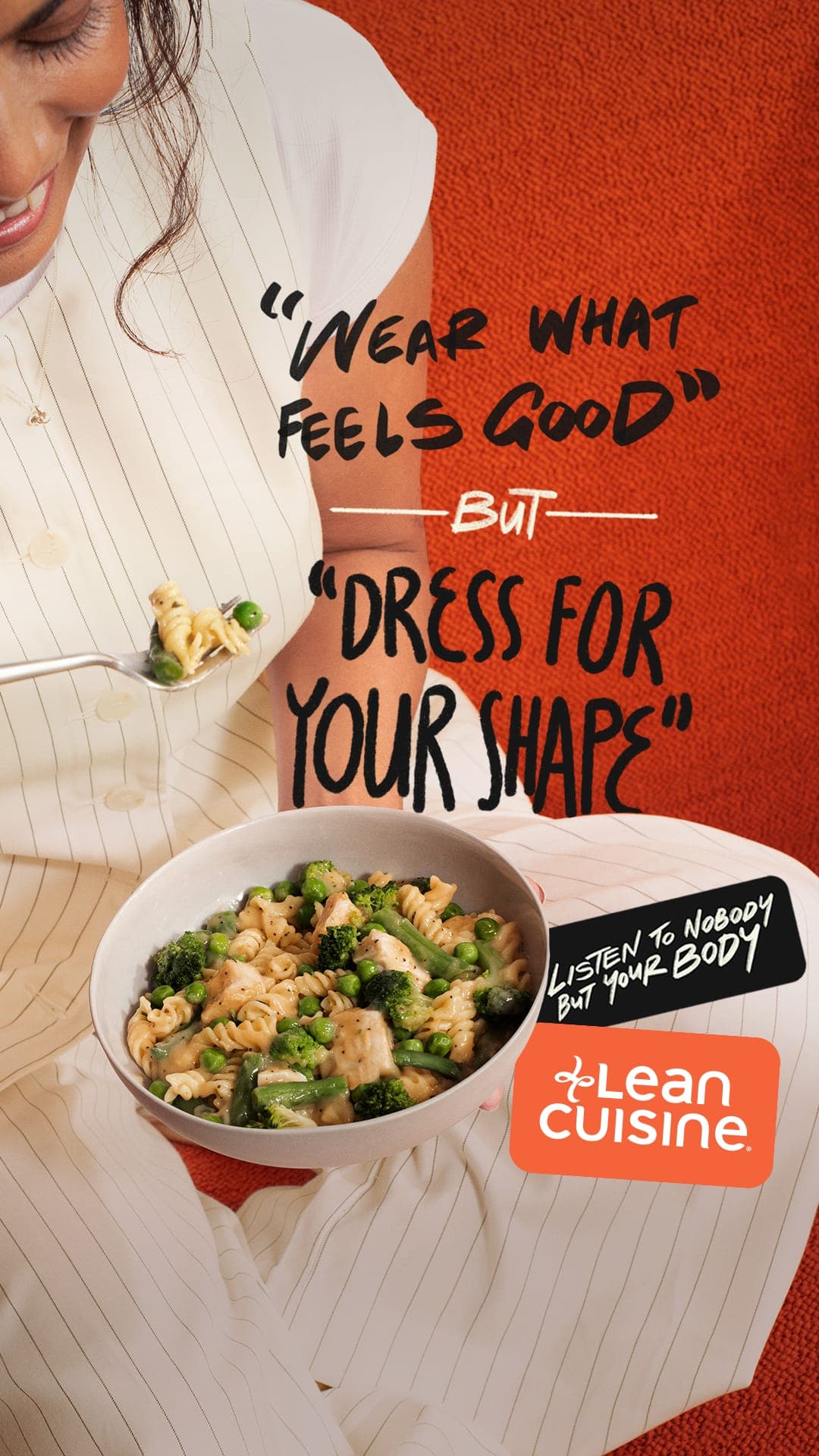 Lean Cuisine social post: Wear what feels good but dress for your shape