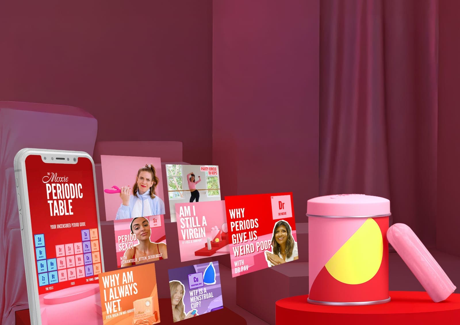 The Moxie Periodic Table on a phone beside floating episode cards with experts and Moxie tampon tins on red and pink plinths