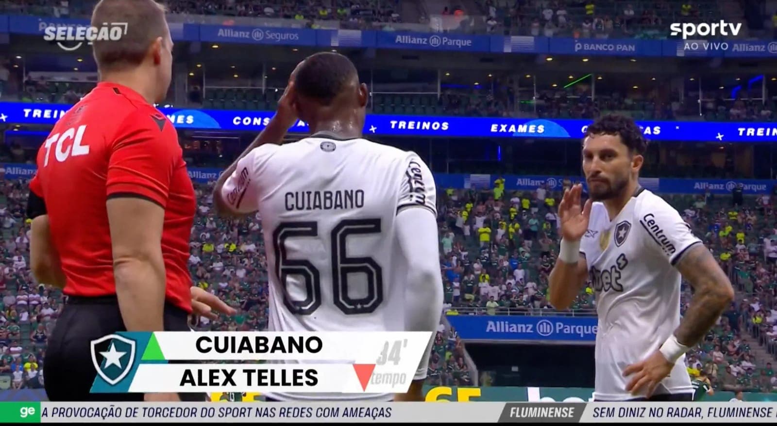 SporTV live broadcast showing Cuiabano and Alex Telles of Botafogo during a match