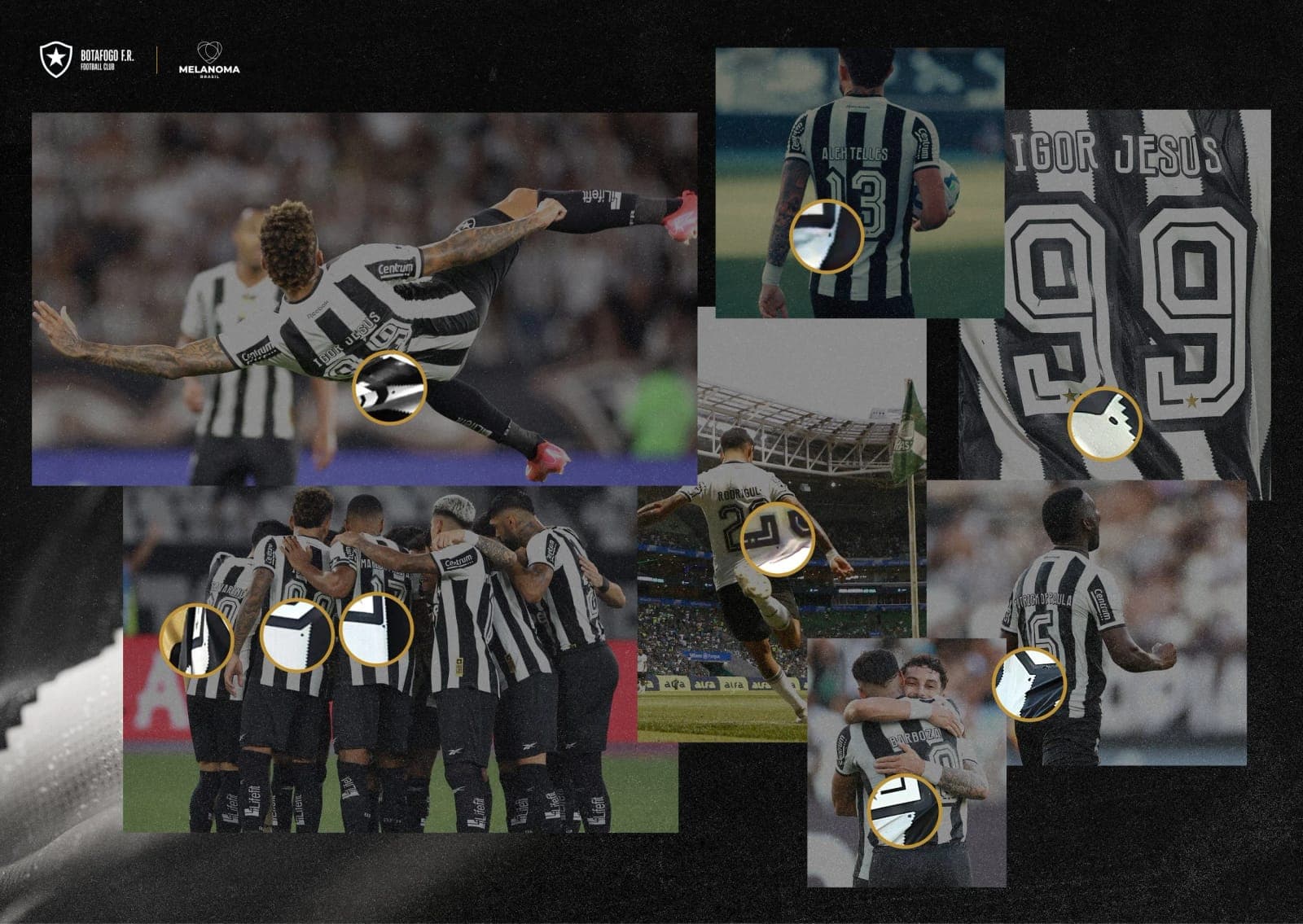 Board of Botafogo match photos, each with a gold circle around the dot on a player’s shirt